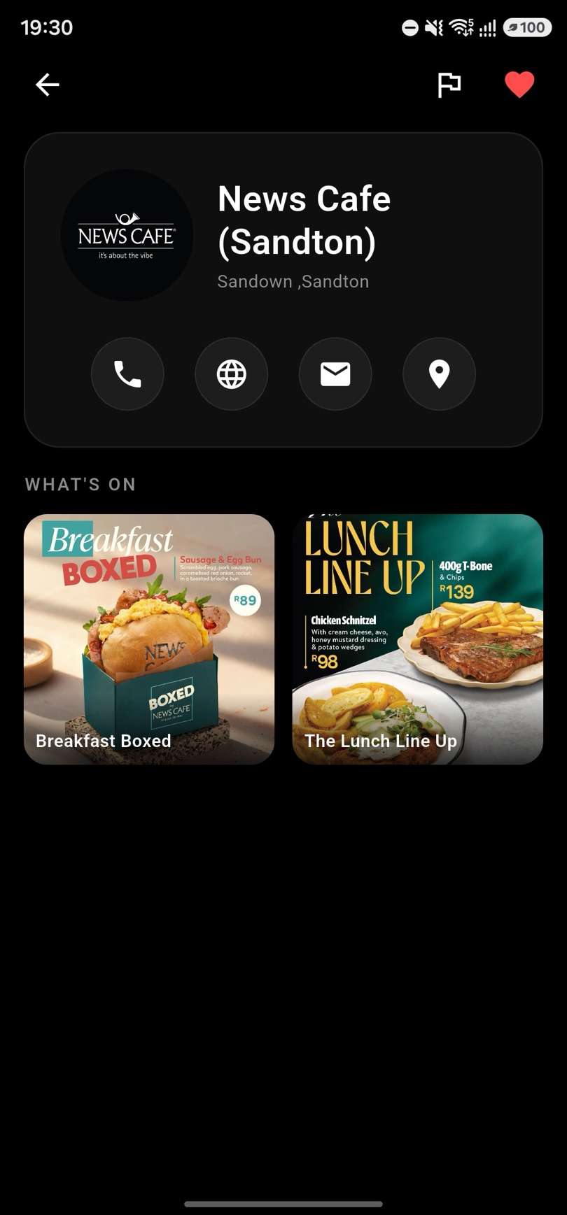 A venue page on Dintshang for News Cafe Sandton with its current specials and buttons to call, email or get directions