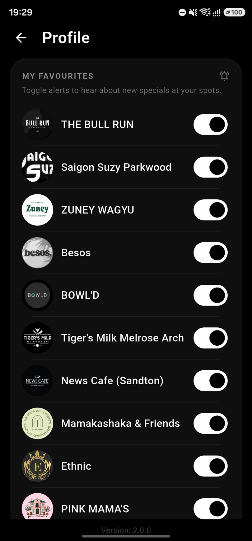 Dintshang profile screen with favourite venues and alerts for new specials