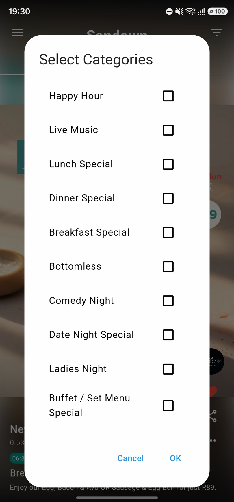 Dintshang category filters — happy hour, live music, lunch specials, comedy night, date night and more